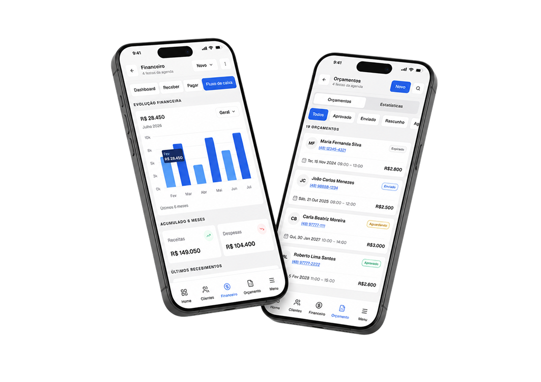 Telas de financeiro e orçamentos do aplicativo Eventtor